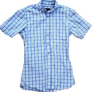American Tall Men's Short Sleeve Blue Plaid Buttondown Shirt Size Small‎ Tall